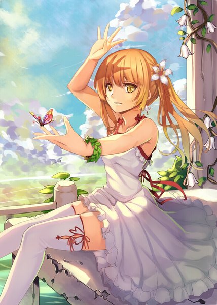 Anime picture 800x1120 with original musynexsk long hair tall image looking at viewer blonde hair sitting yellow eyes sky cloud (clouds) hair flower butterfly on hand girl thighhighs dress hair ornament flower (flowers) white thighhighs insect butterfly