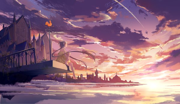 Anime picture 5079x2953 with vocaloid vocaloid china luo tianyi morimori (14292311) single highres wide image sitting twintails green eyes absurdres sky purple hair cloud (clouds) full body outdoors very long hair profile barefoot wind