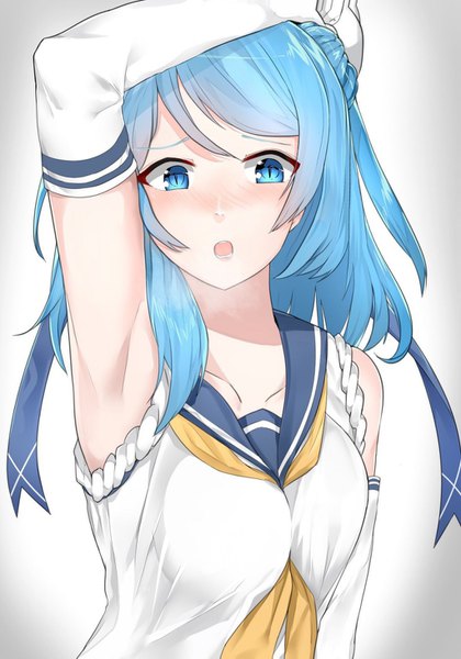 Anime picture 1024x1463 with kantai collection urakaze destroyer suzuharu (suzuharu0612) single tall image blush fringe short hair breasts open mouth blue eyes blue hair arm up armpit (armpits) gradient background eyebrows hand on head girl sailor suit