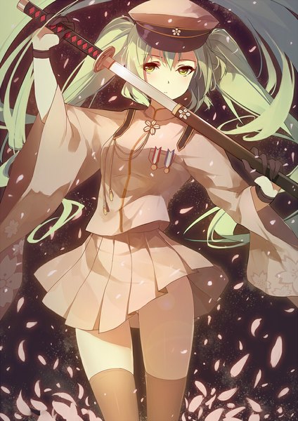 Anime picture 800x1131 with vocaloid senbonzakura (vocaloid) hatsune miku caidychen single tall image looking at viewer blush twintails green eyes very long hair pleated skirt aqua hair girl thighhighs skirt gloves uniform weapon black thighhighs