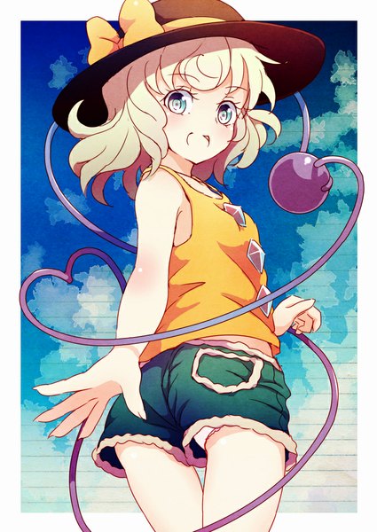 Anime picture 708x1000 with touhou komeiji koishi dise single tall image looking at viewer blush short hair open mouth blue eyes light erotic blonde hair bare shoulders sky cloud (clouds) from below alternate costume casual girl underwear