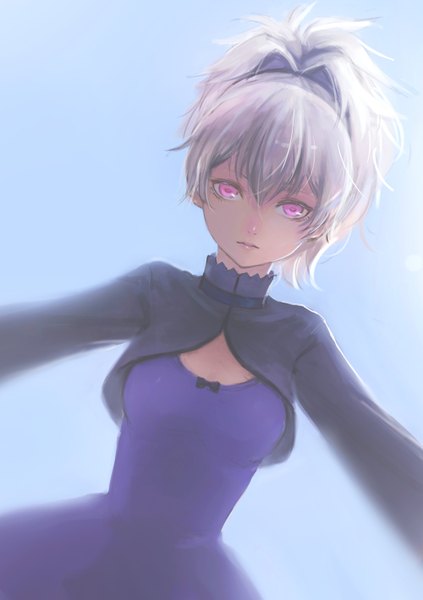 Anime picture 1000x1419 with darker than black studio bones yin (darker than black) bryanth single long hair tall image looking at viewer simple background silver hair ponytail pink eyes spread arms blue background girl dress