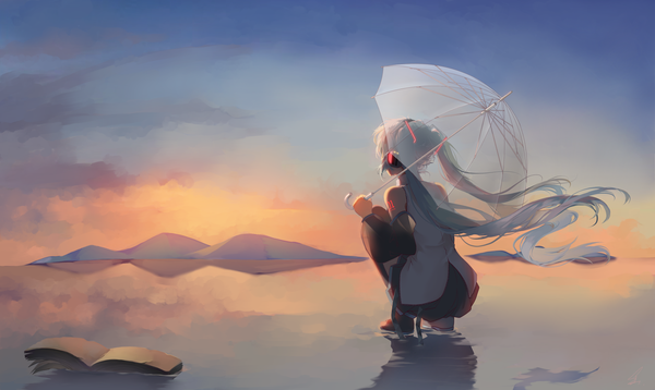 Anime-Bild 2368x1416 mit vocaloid world's end umbrella (vocaloid) hatsune miku saihate (d3) single long hair highres wide image twintails holding looking away sky full body outdoors wind aqua hair tattoo reflection squat horizon