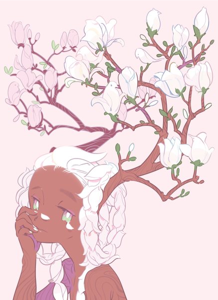 Anime picture 600x823 with original maruco single long hair tall image looking at viewer simple background green eyes upper body white hair horn (horns) turning head dark skin pink background hand on face girl flower (flowers) plant (plants) animal tree (trees)