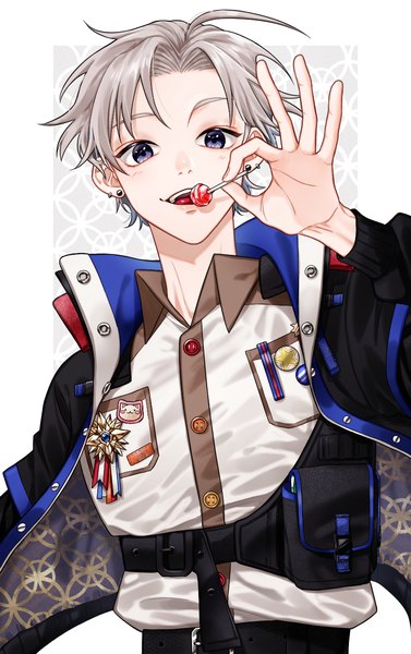 Anime picture 841x1337 with original nazutaro single tall image looking at viewer short hair purple eyes upper body grey hair open jacket piercing border ear piercing outside border boy shirt food jacket sweets candy