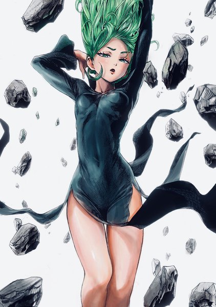 Anime picture 800x1138 with one-punch man madhouse tatsumaki murata yuusuke single tall image looking at viewer short hair breasts open mouth light erotic simple background white background green eyes long sleeves green hair arms up thigh gap covered navel side slit