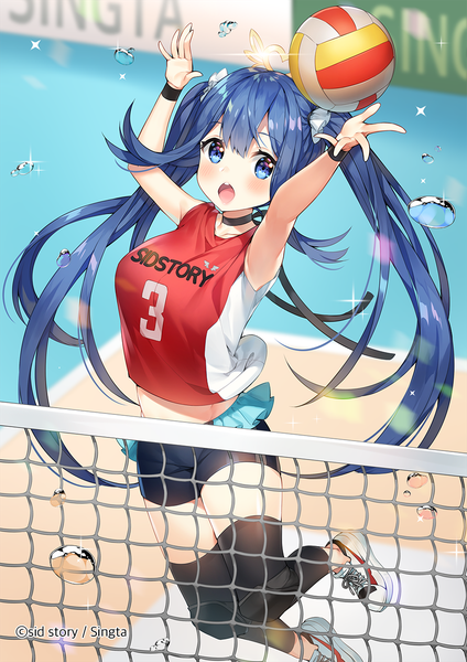 Anime picture 950x1344 with original ayami (annahibi) single long hair tall image blush fringe breasts open mouth blue eyes hair between eyes twintails blue hair looking away arms up official art :o copyright name thighs jumping