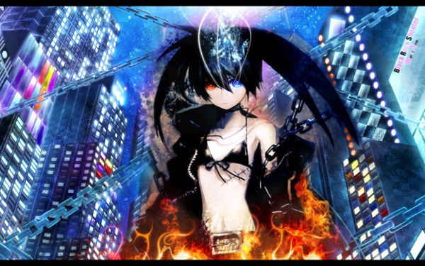 Anime picture 2560x1600 with black rock shooter black rock shooter (character) snyp (r0pyns) highres wide image midriff heterochromia city scar pale skin city lights girl navel building (buildings) chain bikini top flame
