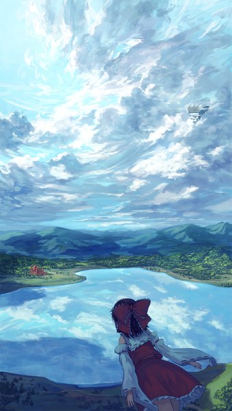 Anime picture 1043x1842 with touhou hakurei reimu berabou single tall image short hair black hair sky cloud (clouds) traditional clothes japanese clothes from behind wide sleeves reflection horizon mountain miko field lake girl