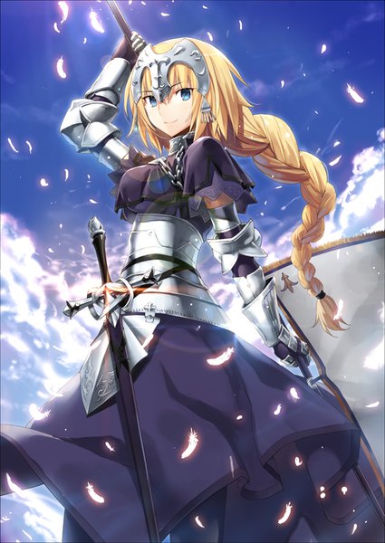 Anime picture 638x900 with fate (series) fate/apocrypha jeanne d'arc (fate) (all) jeanne d'arc (fate) gabiran single long hair tall image looking at viewer blue eyes blonde hair smile sky cloud (clouds) braid (braids) looking back single braid girl weapon sword
