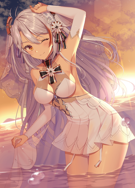 Anime picture 1779x2467 with azur lane prinz eugen (azur lane) prinz eugen (symphonic fate) (azur lane) izumo neru single long hair tall image looking at viewer blush fringe highres breasts light erotic smile hair between eyes large breasts standing yellow eyes sky silver hair