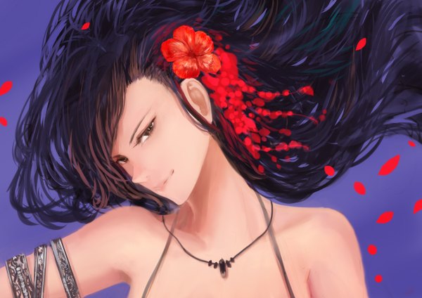 Anime picture 1227x868 with original bounin single long hair black hair smile brown eyes hair flower light smile lips blue background eyebrows girl flower (flowers) petals bracelet