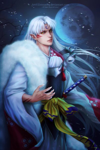 Anime picture 3579x5386 with inuyasha sesshomaru zetsuai89 single long hair tall image highres yellow eyes absurdres white hair traditional clothes japanese clothes realistic night tattoo night sky facial mark boy weapon plant (plants)