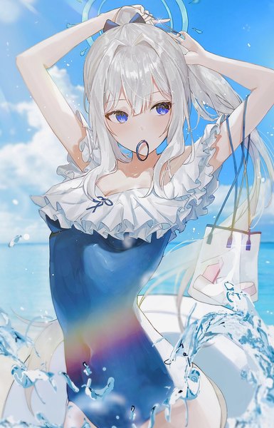 Anime picture 2630x4096 with blue archive miyako (blue archive) miyako (swimsuit) (blue archive) kuren kren single long hair tall image fringe highres hair between eyes standing looking away sky silver hair cloud (clouds) outdoors ponytail official alternate costume adjusting hair horizon
