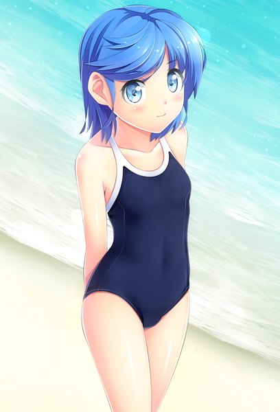 Anime picture 1700x2500 with original komimiyako single tall image blush short hair blue eyes bare shoulders blue hair beach girl swimsuit