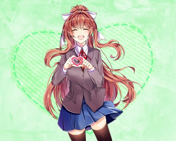 Anime picture 1280x1027 with doki doki literature club monika (doki doki literature club) satchely single long hair fringe open mouth smile brown hair standing payot ponytail blunt bangs eyes closed long sleeves pleated skirt official art floating hair ^ ^ ^o^