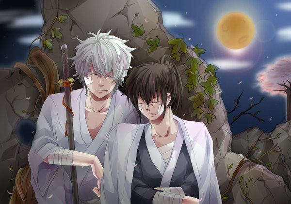 Anime picture 1500x1056 with gintama sunrise (studio) sakata gintoki katsura kotarou niratama short hair red eyes brown hair silver hair white hair eyes closed japanese clothes night cherry blossoms rock boy weapon plant (plants) petals sword