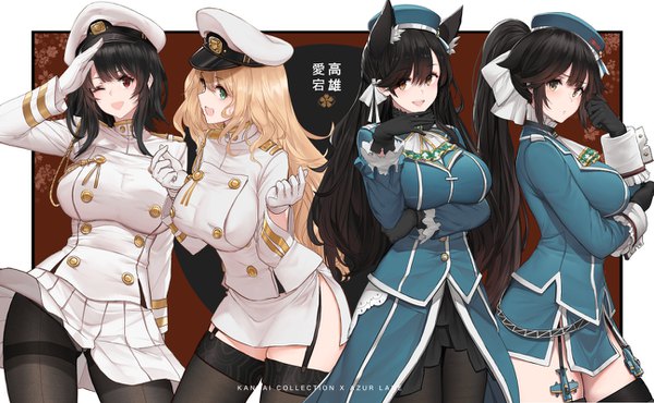 Anime picture 1295x800 with kantai collection azur lane atago (azur lane) atago heavy cruiser takao (azur lane) takao heavy cruiser dishwasher1910 long hair looking at viewer blush fringe breasts open mouth light erotic black hair blonde hair smile hair between eyes red eyes wide image
