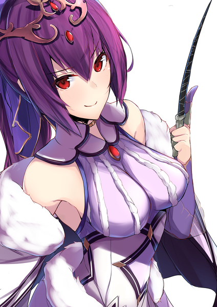 Anime picture 2459x3479 with fate (series) fate/grand order scathach (fate) (all) scathach skadi (fate) nanakaku single long hair tall image looking at viewer blush fringe highres breasts light erotic simple background smile hair between eyes red eyes large breasts white background