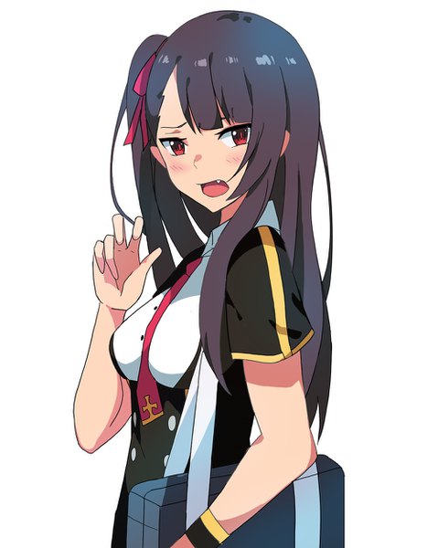 Anime picture 1000x1252 with girls frontline wa2000 (girls frontline) ururu single long hair tall image looking at viewer blush fringe open mouth black hair simple background red eyes white background upper body short sleeves fang (fangs) one side up girl school bag