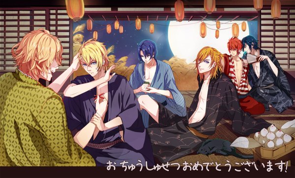 Anime picture 2061x1247 with uta no prince-sama a-1 pictures jinguji ren hijirikawa masato ichinose tokiya ittoki otoya kurusu shou shinomiya natsuki tennen fringe highres short hair blue eyes blonde hair wide image blue hair red hair traditional clothes japanese clothes from behind