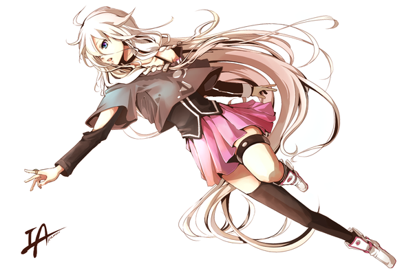 Anime picture 1500x1000 with vocaloid ia (vocaloid) akamori single long hair open mouth blue eyes white background bare shoulders looking away white hair braid (braids) pleated skirt twin braids girl thighhighs skirt black thighhighs boots ring
