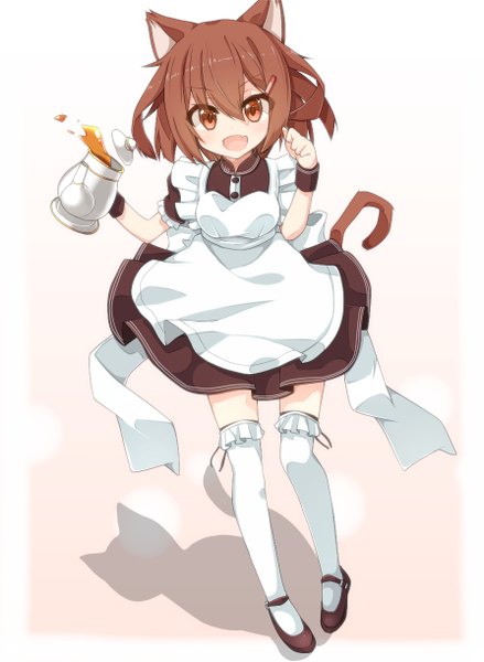 Anime picture 894x1222 with kantai collection ikazuchi destroyer rateratte single long hair tall image looking at viewer fringe breasts open mouth simple background brown hair white background brown eyes animal ears tail animal tail cat ears teeth shadow