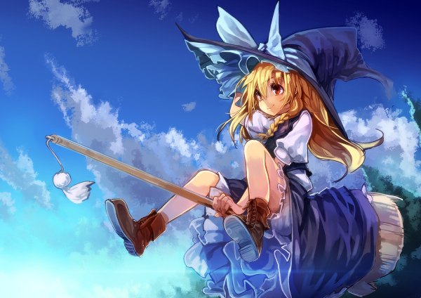 Anime picture 1200x848 with touhou kirisame marisa ukyo rst single long hair blonde hair red eyes sky cloud (clouds) legs witch girl dress boots witch hat broom