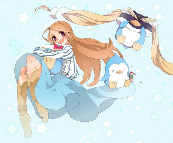 Anime picture 1800x1485 with mawaru penguindrum takakura himari penguin 3-gou penguin 1-gou penguin 2-gou tagme (artist) long hair blush highres open mouth brown hair purple eyes hug blue background girl dress hat animal star (symbol) thigh boots
