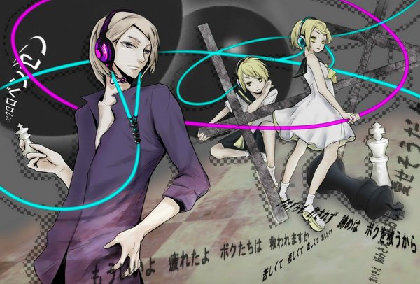 Anime picture 1100x745 with vocaloid nico nico singer nico nico douga dasoku (pointfive) dd&tt (artist) short hair blonde hair bare shoulders yellow eyes grey eyes hand on hip open collar girl dress boy bow socks shorts white dress headphones