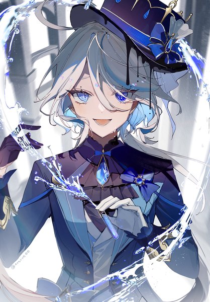 Anime picture 1500x2155 with genshin impact furina (genshin impact) artue single long hair tall image looking at viewer fringe open mouth blue eyes hair between eyes silver hair upper body :d heterochromia girl gloves hat water test tube