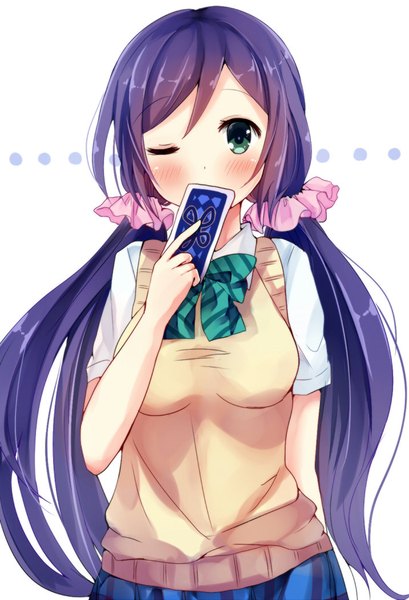 Anime picture 716x1050 with love live! school idol project sunrise (studio) love live! toujou nozomi asanagi kurumi (panda-doufu) single long hair tall image blush fringe hair between eyes white background twintails green eyes purple hair upper body one eye closed low twintails covered mouth girl