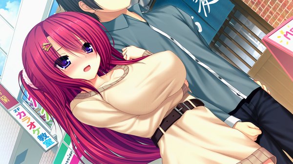 Anime picture 1280x720 with yakimochi stream ibuki kohane syroh long hair blush breasts open mouth blue eyes wide image large breasts game cg purple hair couple girl boy belt sweater dress