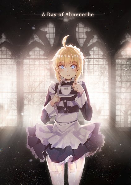 Anime picture 1500x2121 with fate (series) fate/stay night artoria pendragon (all) saber suousensei single tall image looking at viewer blush fringe short hair blue eyes blonde hair hair between eyes standing holding ahoge indoors braid (braids) long sleeves