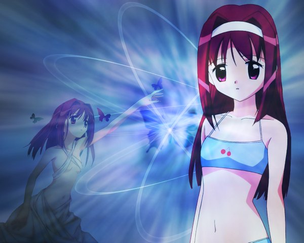 Anime picture 1280x1024 with kono minikuku mo utsukushii sekai akari (konomini) long hair looking at viewer light erotic purple eyes purple hair arm up multiview third-party edit girl insect butterfly headband