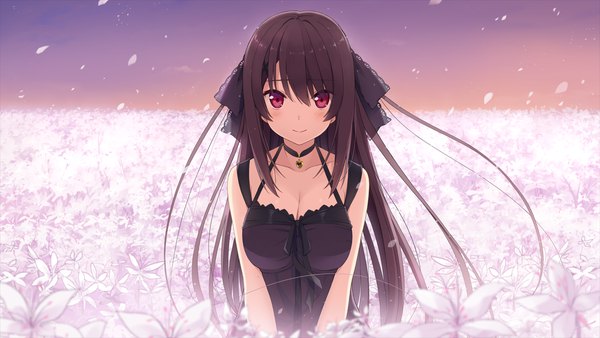 Anime picture 2560x1440 with ao no kanata no four rhythm sprite (company) tobisawa misaki akinashi yuu single long hair looking at viewer blush fringe highres breasts smile hair between eyes red eyes brown hair wide image standing game cg cleavage outdoors