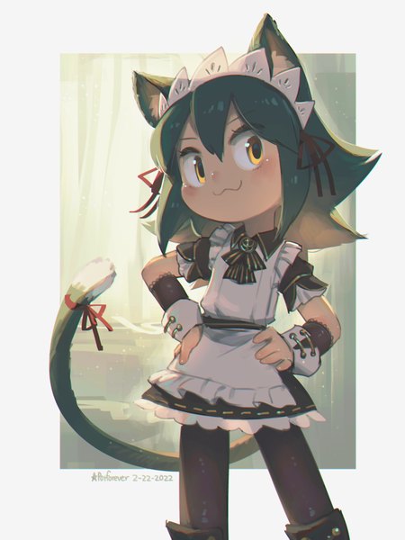 Anime picture 1875x2500 with original porforever single tall image looking at viewer highres short hair smile signed animal ears yellow eyes tail animal tail green hair cat ears short sleeves maid cat girl cat tail dated