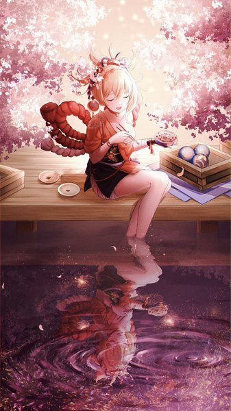 Anime picture 2250x4000 with genshin impact yoimiya (genshin impact) kochi 4 single tall image fringe highres short hair open mouth blonde hair smile hair between eyes sitting holding payot bent knee (knees) eyes closed traditional clothes japanese clothes reflection