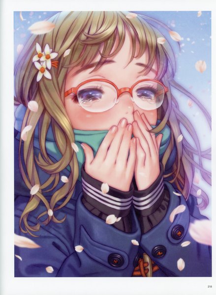 Anime picture 5092x6966 with futurelog (artbook) range murata single tall image blush fringe highres blue eyes blonde hair absurdres upper body hair flower fingernails scan tears cherry blossoms border sleeves past wrists close-up covered mouth
