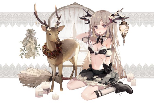 Anime picture 1300x886 with original yukisame single long hair looking at viewer blush fringe breasts open mouth light erotic sitting bare shoulders full body horn (horns) grey hair bare belly :o grey eyes two side up wariza