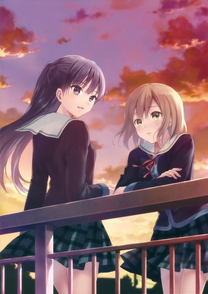 Anime picture 2683x3800 with original fukahire (ruinon) long hair tall image highres short hair black hair brown hair multiple girls yellow eyes sky cloud (clouds) ponytail scan evening sunset girl uniform 2 girls school uniform
