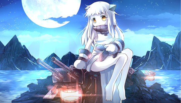Anime picture 2205x1254 with kantai collection northern ocean hime risutaru single long hair looking at viewer fringe highres wide image sitting bare shoulders holding yellow eyes cloud (clouds) full body bent knee (knees) outdoors white hair barefoot night