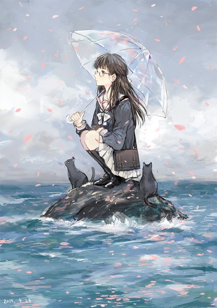 Anime picture 740x1047 with original dangmill single long hair tall image fringe brown hair brown eyes looking away cloud (clouds) full body profile dated squat horizon transparent umbrella girl uniform animal petals