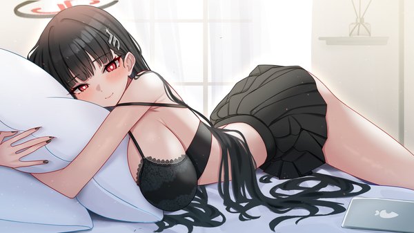 Anime picture 6043x3399 with blue archive rio (blue archive) mijikayo (user eyyx8247) single long hair looking at viewer blush fringe highres breasts light erotic black hair smile red eyes wide image large breasts absurdres indoors lying blunt bangs