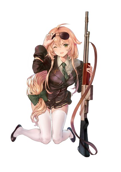 Anime picture 2480x3508 with girls frontline m1918 bar (girls frontline) twintails isshou tsui single long hair tall image blush highres open mouth simple background blonde hair white background holding green eyes ahoge long sleeves :d pleated skirt one eye closed arm up