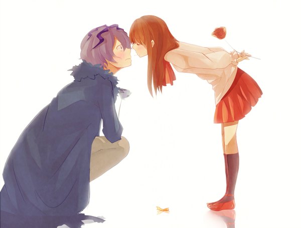 Anime picture 1500x1142 with ib (game) garry (ib) ib (ib) long hair blush short hair simple background brown hair white background purple eyes purple hair eyes closed couple face to face almost kiss girl boy skirt flower (flowers) shirt
