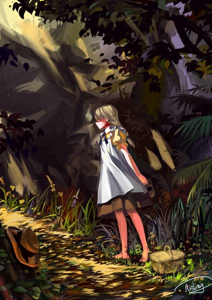 Anime picture 3306x4676 with original aisling (pixiv) single long hair tall image highres open mouth blonde hair green eyes signed absurdres profile barefoot puffy sleeves girl dress plant (plants) hat tree (trees) grass