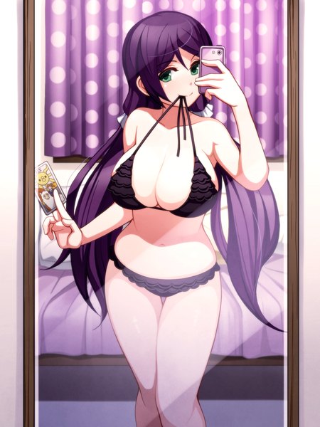 Anime picture 750x1000 with love live! school idol project sunrise (studio) love live! toujou nozomi torigoe takumi single long hair tall image looking at viewer blush breasts light erotic large breasts holding green eyes cleavage purple hair indoors bare belly mouth hold