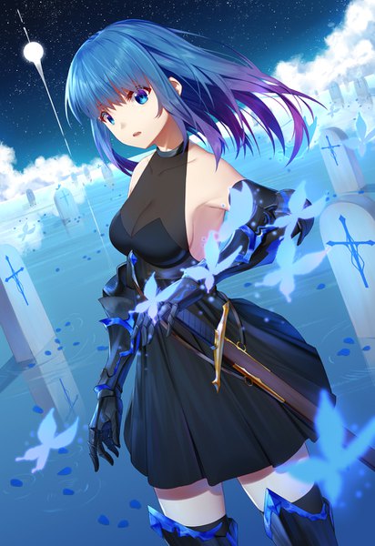 Anime picture 900x1309 with original ji dao ji single long hair tall image looking at viewer fringe breasts open mouth blue eyes hair between eyes standing bare shoulders blue hair cleavage multicolored hair night dutch angle night sky gradient hair