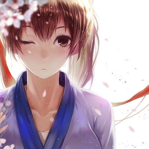 Anime picture 1000x1000 with kantai collection kaga aircraft carrier s a~ single looking at viewer short hair brown hair white background brown eyes one eye closed wink girl flower (flowers) ribbon (ribbons) petals